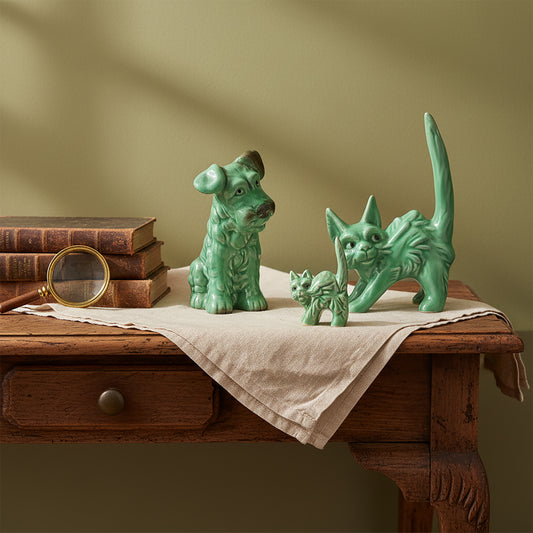 Set SylvaC anii 1930, două pisici „Scaredy Cat” și un Terrier