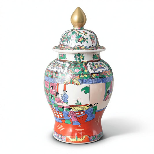 Vază mare chinezească cu capac, decor Famille Rose