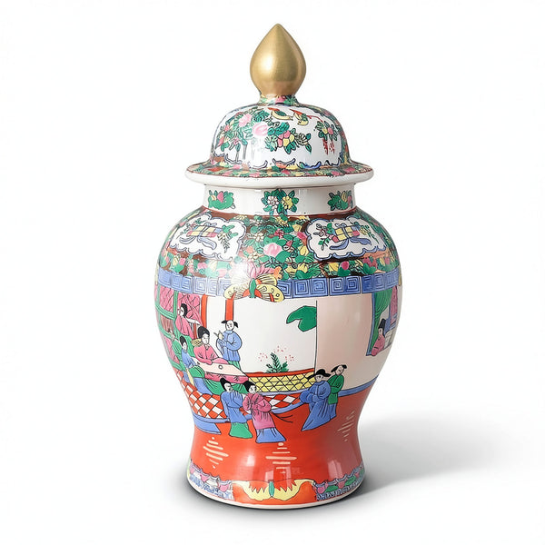 Vază mare chinezească cu capac, decor Famille Rose