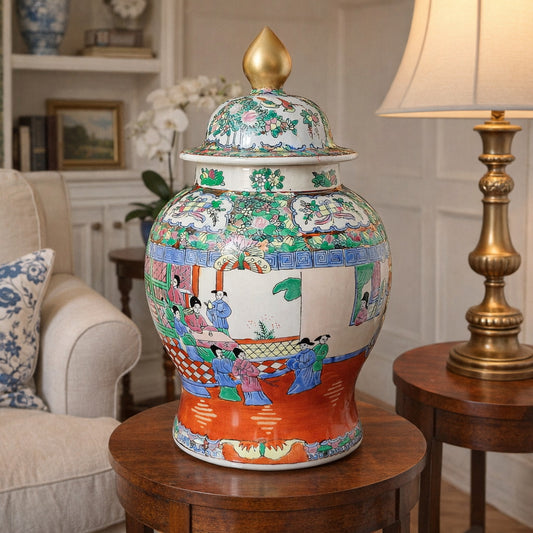 Vază mare chinezească cu capac, decor Famille Rose