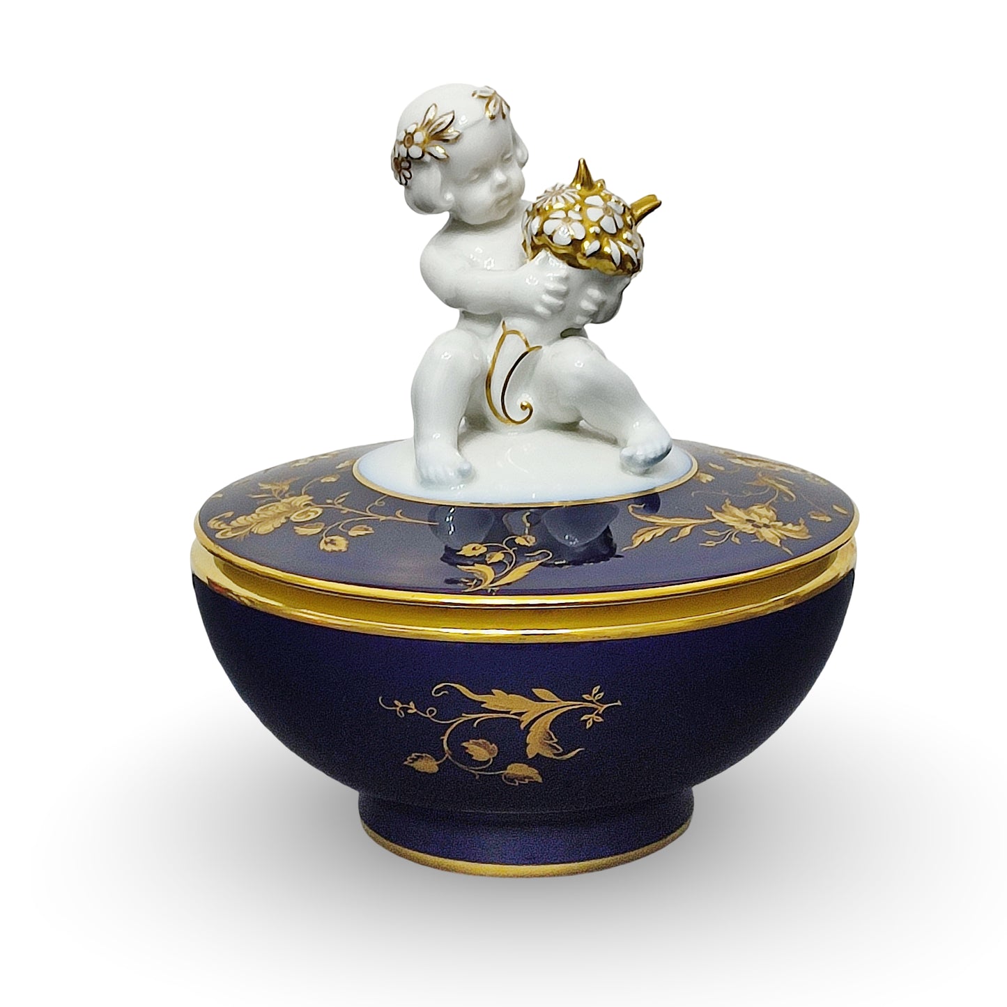 Zaharniță din porțelan cobalt cu capac decorat cu putto, Hutschenreuther