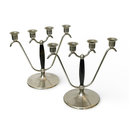 Pereche de Sfeșnice Art Deco din Metal Argintat și Lemn, cu Patru Brațe