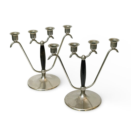 Pereche de Sfeșnice Art Deco din Metal Argintat și Lemn, cu Patru Brațe