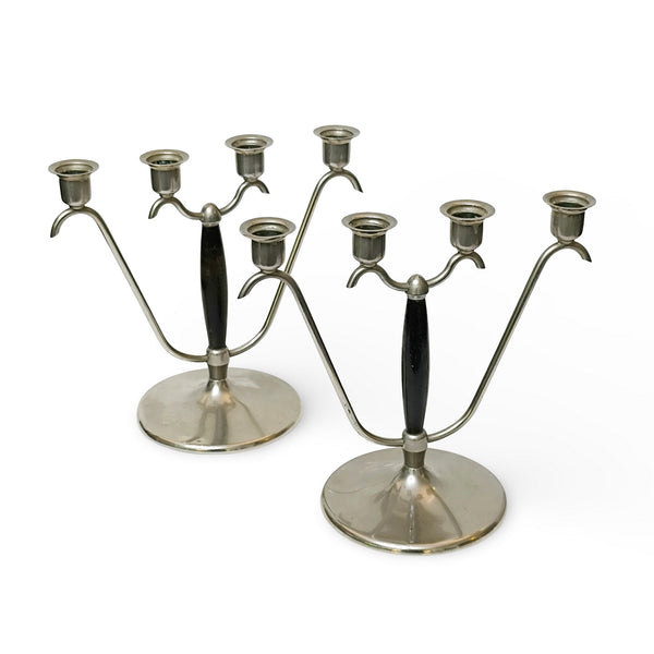 Pereche de Sfeșnice Art Deco din Metal Argintat și Lemn, cu Patru Brațe