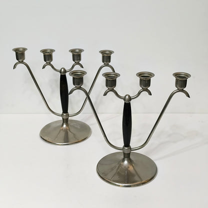 Pereche de Sfeșnice Art Deco din Metal Argintat și Lemn, cu Patru Brațe