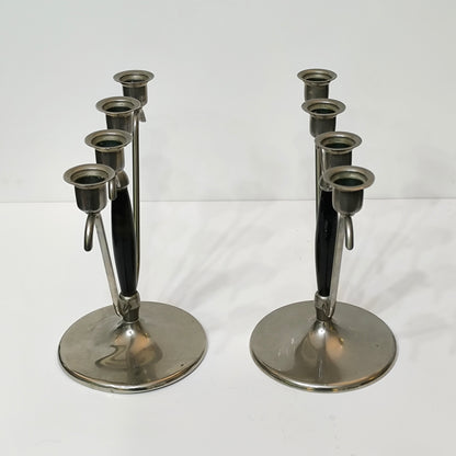 Pereche de Sfeșnice Art Deco din Metal Argintat și Lemn, cu Patru Brațe