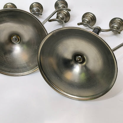 Pereche de Sfeșnice Art Deco din Metal Argintat și Lemn, cu Patru Brațe