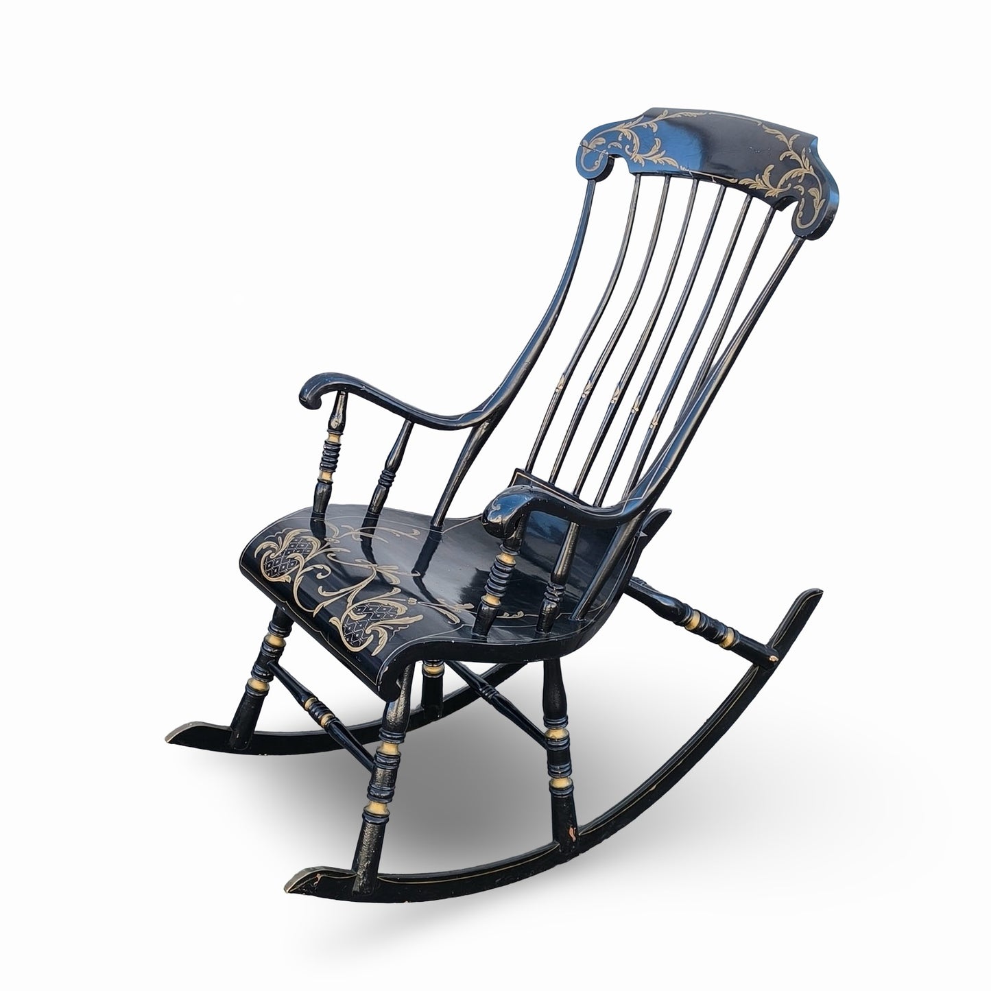 Balansoar scandinav antic cu 6 picioare, pictat manual în negru și auriu, sfârșit de secol XIX