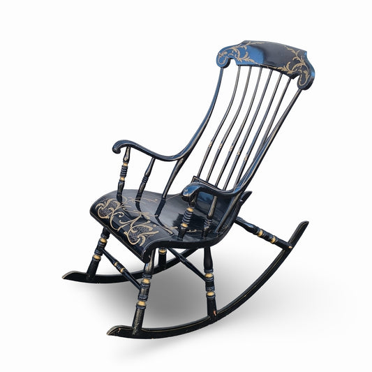 Balansoar scandinav antic cu 6 picioare, pictat manual în negru și auriu, sfârșit de secol XIX