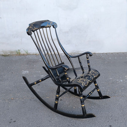 Balansoar scandinav antic cu 6 picioare, pictat manual în negru și auriu, sfârșit de secol XIX