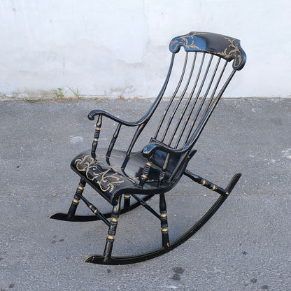 Balansoar scandinav antic cu 6 picioare, pictat manual în negru și auriu, sfârșit de secol XIX