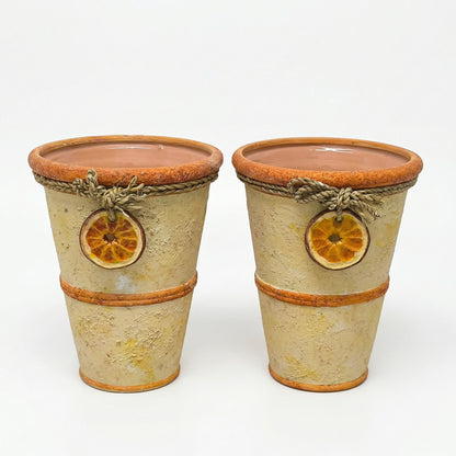 Set de 2 ghivece ceramice, design rustic cu detalii naturale și ornament felie de portocală