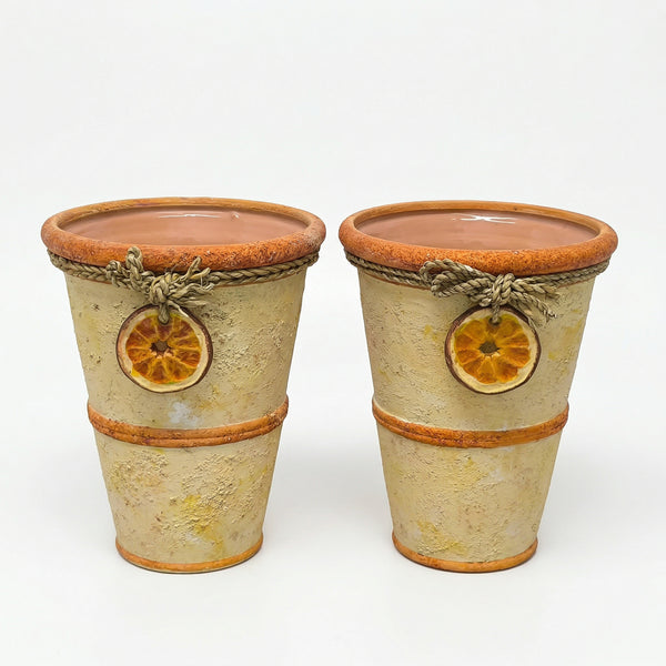 Set de 2 ghivece ceramice, design rustic cu detalii naturale și ornament felie de portocală