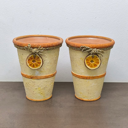 Set de 2 ghivece ceramice, design rustic cu detalii naturale și ornament felie de portocală