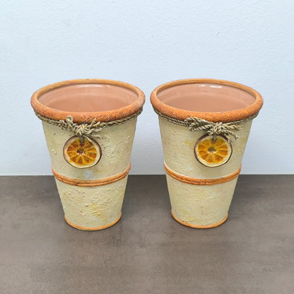 Set de 2 ghivece ceramice, design rustic cu detalii naturale și ornament felie de portocală