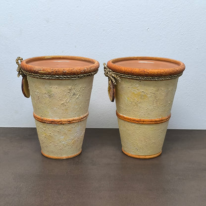 Set de 2 ghivece ceramice, design rustic cu detalii naturale și ornament felie de portocală