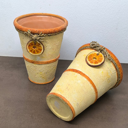 Set de 2 ghivece ceramice, design rustic cu detalii naturale și ornament felie de portocală